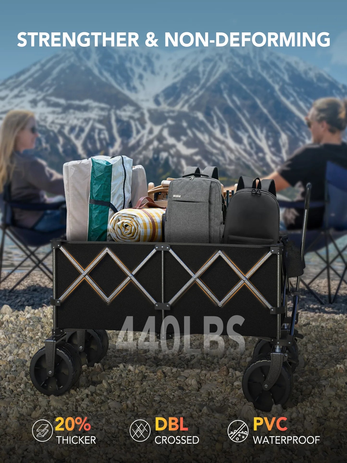 Gyroor Collapsible Wagon - Heavy Duty Foldable Cart, 440LBS Capacity with Side Pocket & Brakes, 66-Gallon Storage