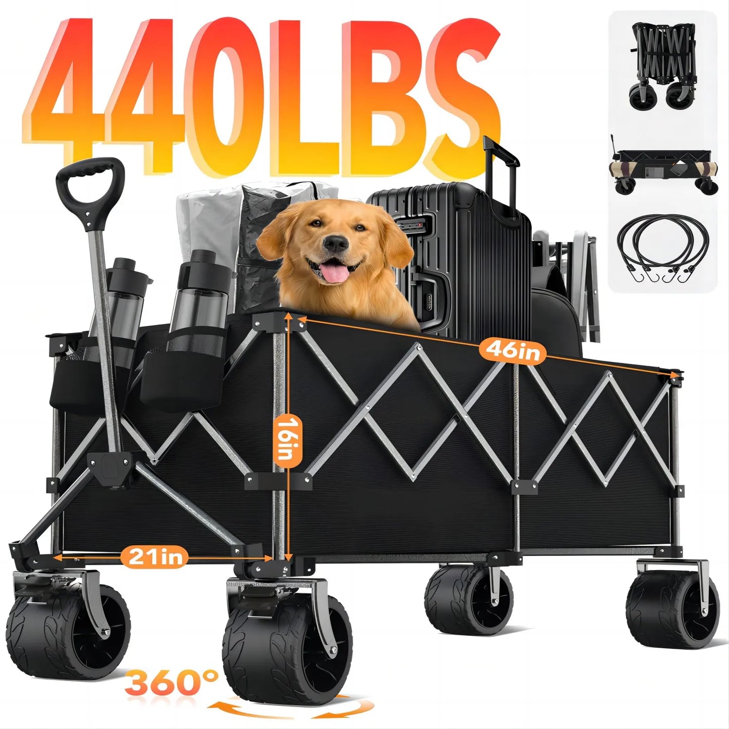 Gyroor Collapsible Wagon - Heavy Duty Foldable Cart, 440LBS Capacity with Side Pocket & Brakes, 66-Gallon Storage
